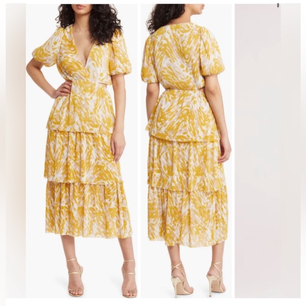 Charles Henry Yellow and White Midi Dress